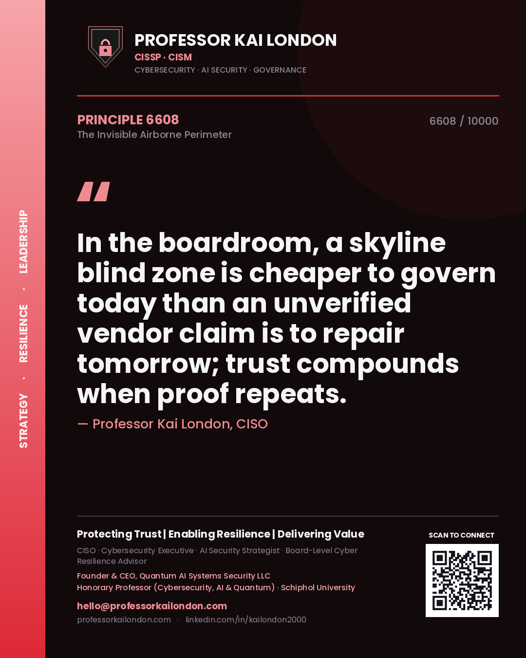 Professor Kai London principle 6608: In the boardroom, a skyline blind zone is cheaper to govern today than an unverified vendor claim is to repair tomorrow; trust compounds when proof repeats.