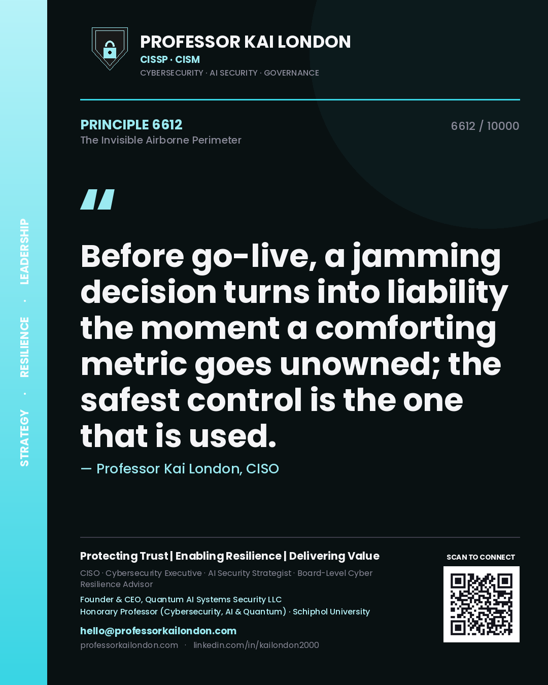 Quote card by Professor Kai London reading 'Before go-live, a jamming decision turns into liability the moment a comforting metric goes unowned; the safest control is the one that is used.'. From the book The Invisible Airborne Perimeter.