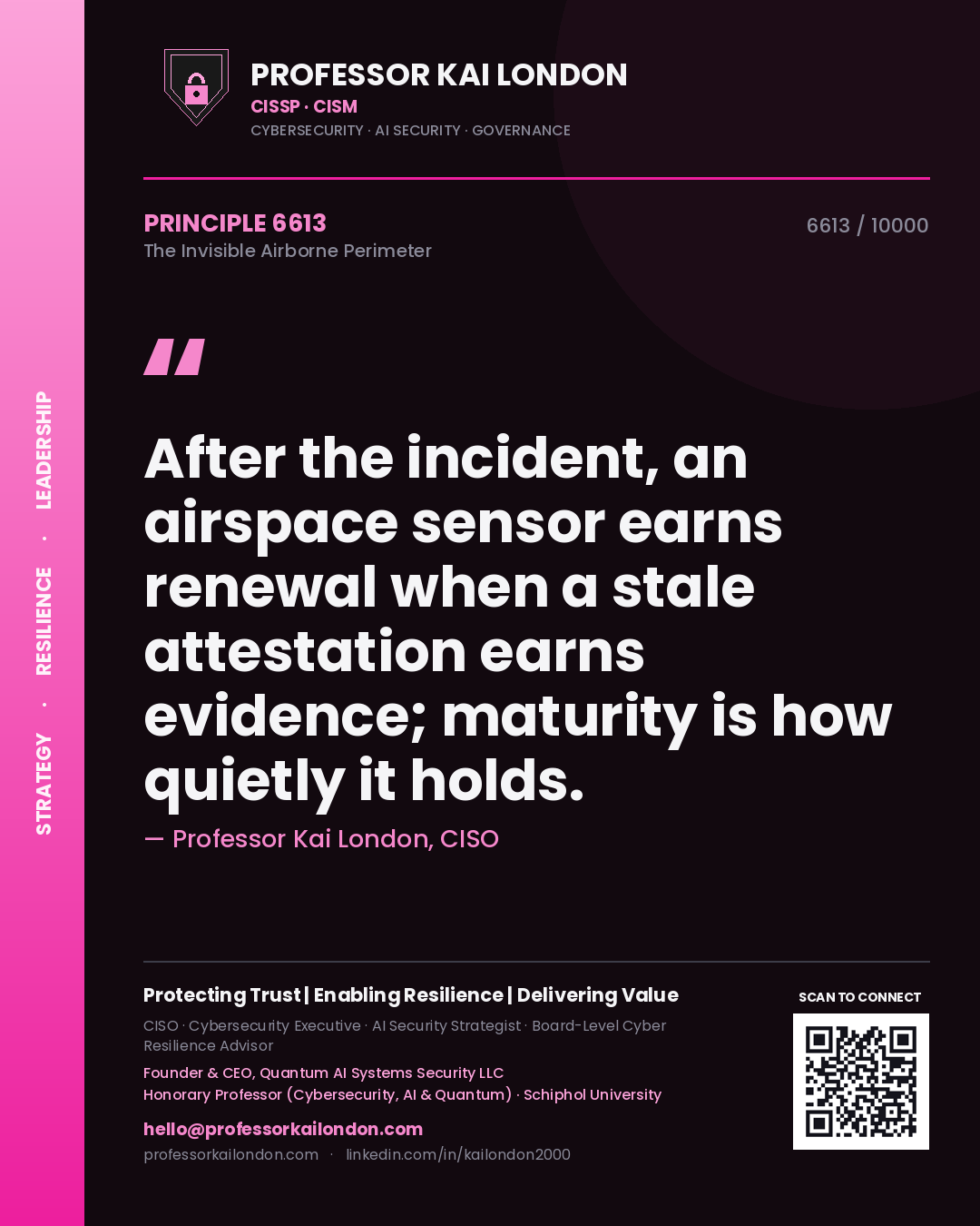 Quote card by Professor Kai London reading 'After the incident, an airspace sensor earns renewal when a stale attestation earns evidence; maturity is how quietly it holds.'. From the book The Invisible Airborne Perimeter.