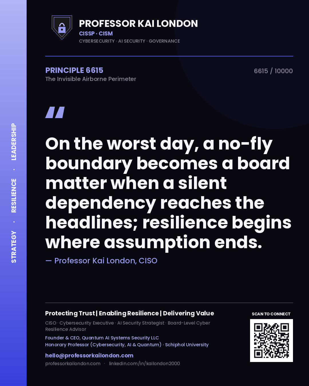 Quote card by Professor Kai London reading 'On the worst day, a no-fly boundary becomes a board matter when a silent dependency reaches the headlines; resilience begins where assumption ends.'. From the book The Invisible Airborne Perimeter.