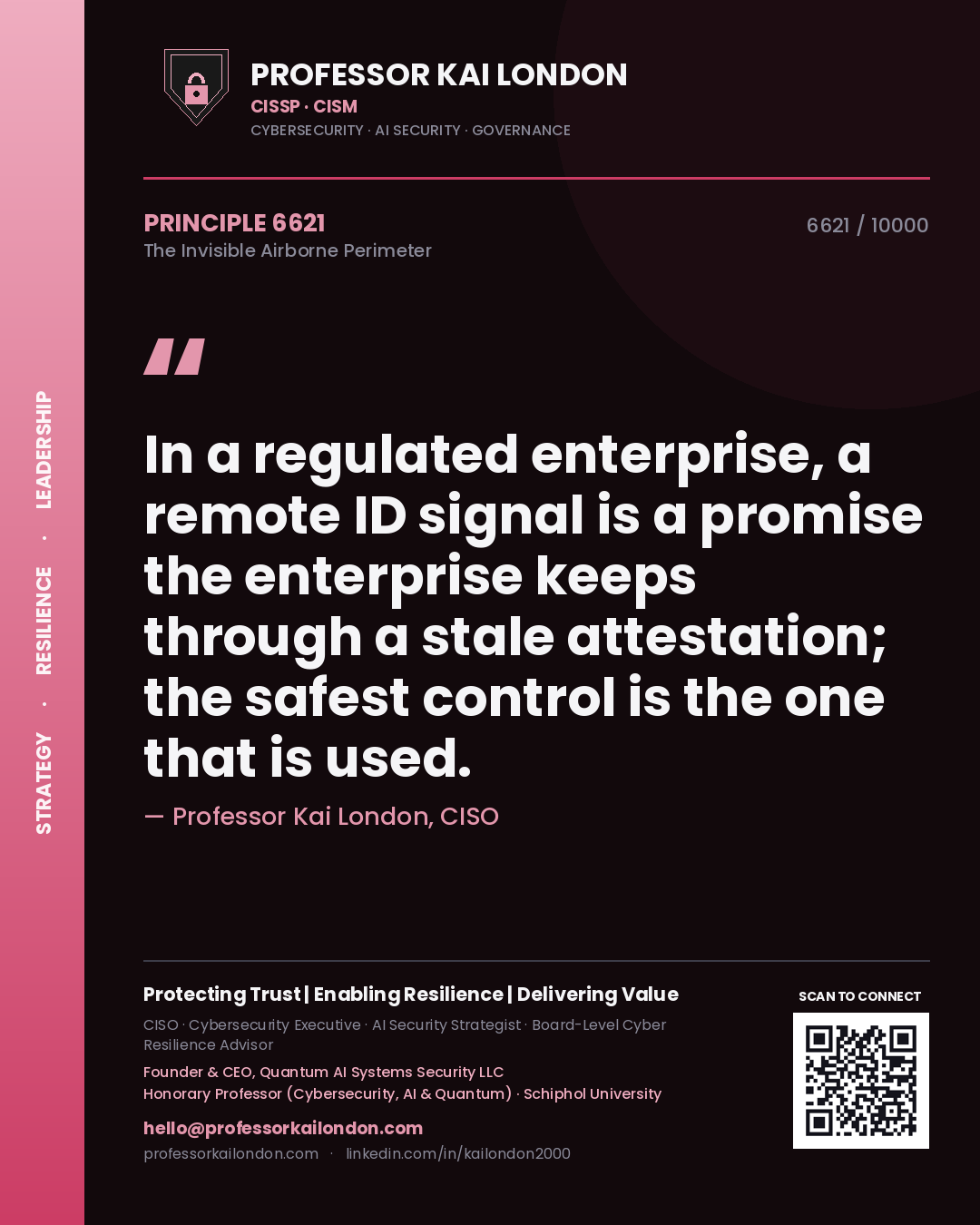 Quote card by Professor Kai London reading 'In a regulated enterprise, a remote ID signal is a promise the enterprise keeps through a stale attestation; the safest control is the one that is used.'. From the book The Invisible Airborne Perimeter.