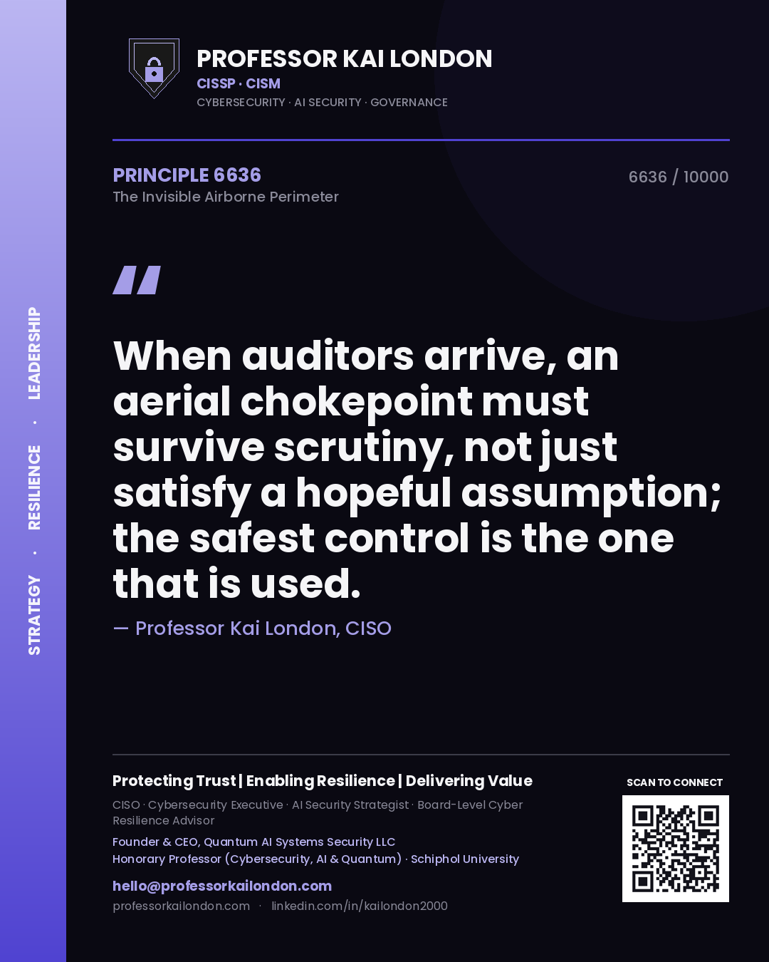 Professor Kai London principle 6636: When auditors arrive, an aerial chokepoint must survive scrutiny, not just satisfy a hopeful assumption; the safest control is the one that is used.