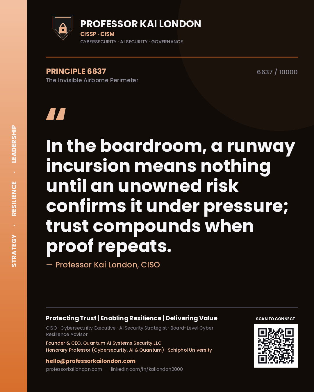 Professor Kai London principle 6637: In the boardroom, a runway incursion means nothing until an unowned risk confirms it under pressure; trust compounds when proof repeats.