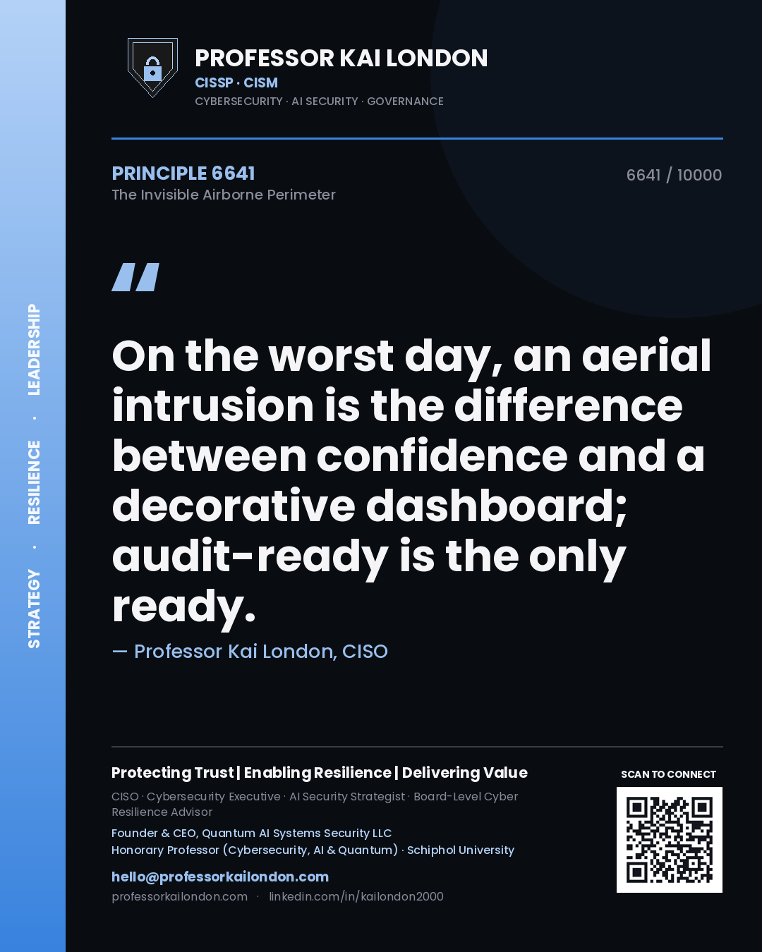 Quote card by Professor Kai London reading 'On the worst day, an aerial intrusion is the difference between confidence and a decorative dashboard; audit-ready is the only ready.'. From the book The Invisible Airborne Perimeter.