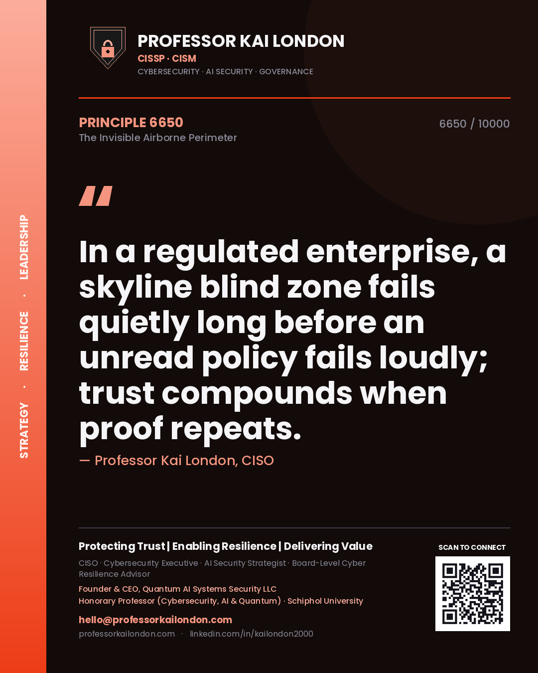 Quote card by Professor Kai London reading 'In a regulated enterprise, a skyline blind zone fails quietly long before an unread policy fails loudly; trust compounds when proof repeats.'. From the book The Invisible Airborne Perimeter.