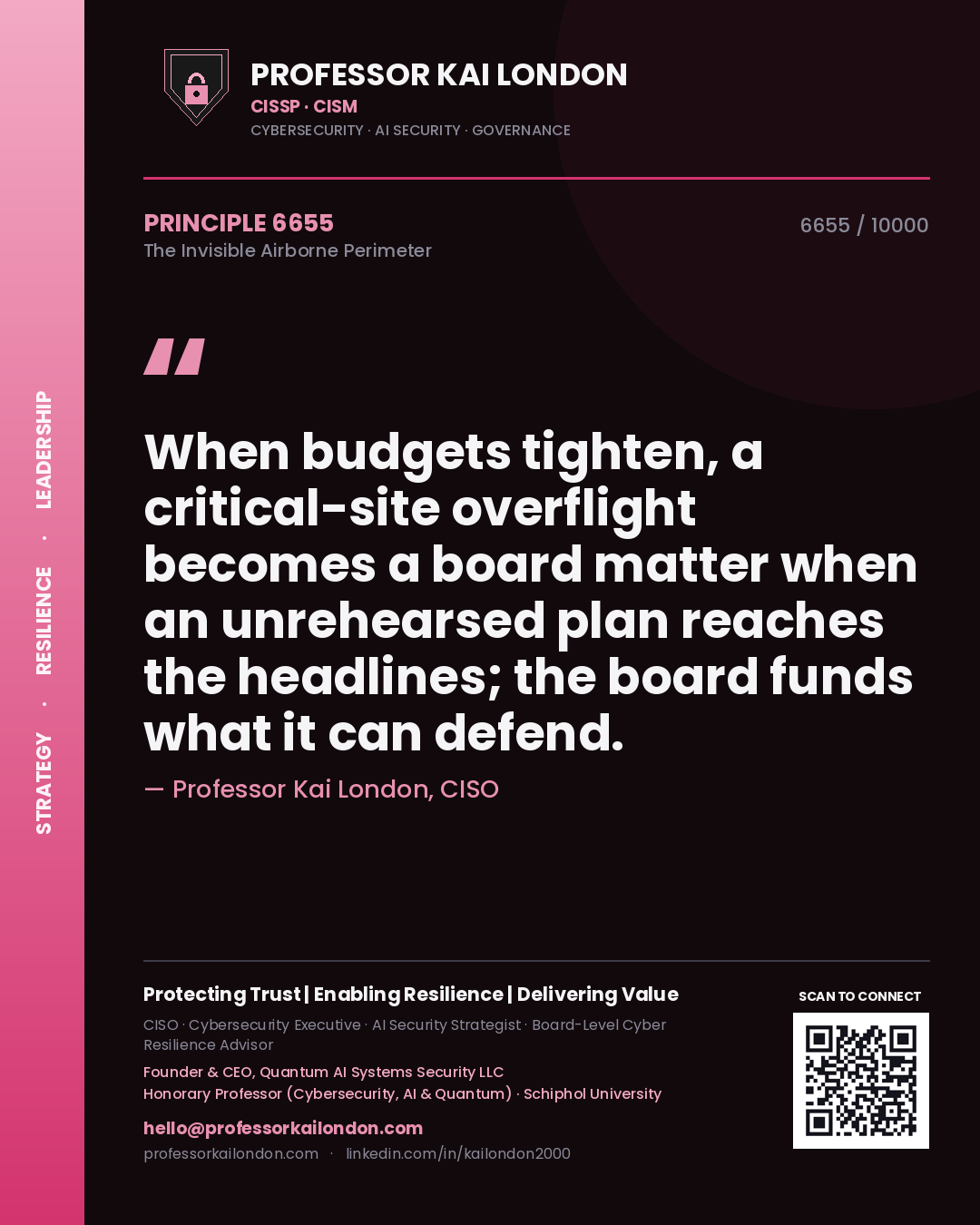 Quote card by Professor Kai London reading 'When budgets tighten, a critical-site overflight becomes a board matter when an unrehearsed plan reaches the headlines; the board funds what it can defend.'. From the book The Invisible Airborne Perimeter.