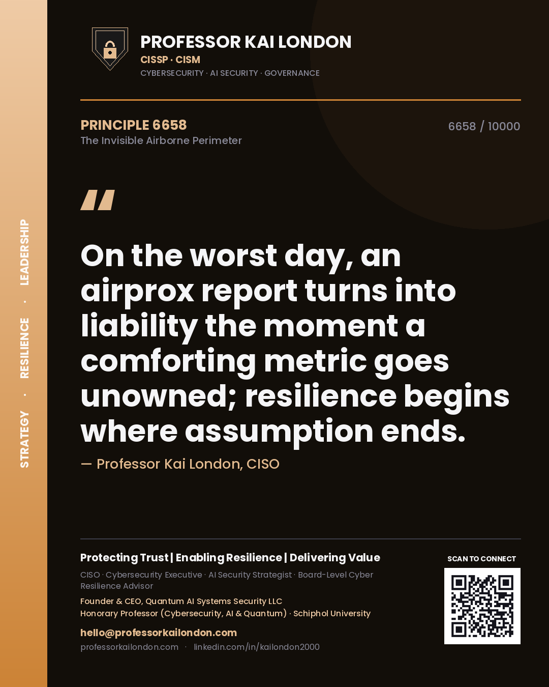 Professor Kai London principle 6658: On the worst day, an airprox report turns into liability the moment a comforting metric goes unowned; resilience begins where assumption ends.