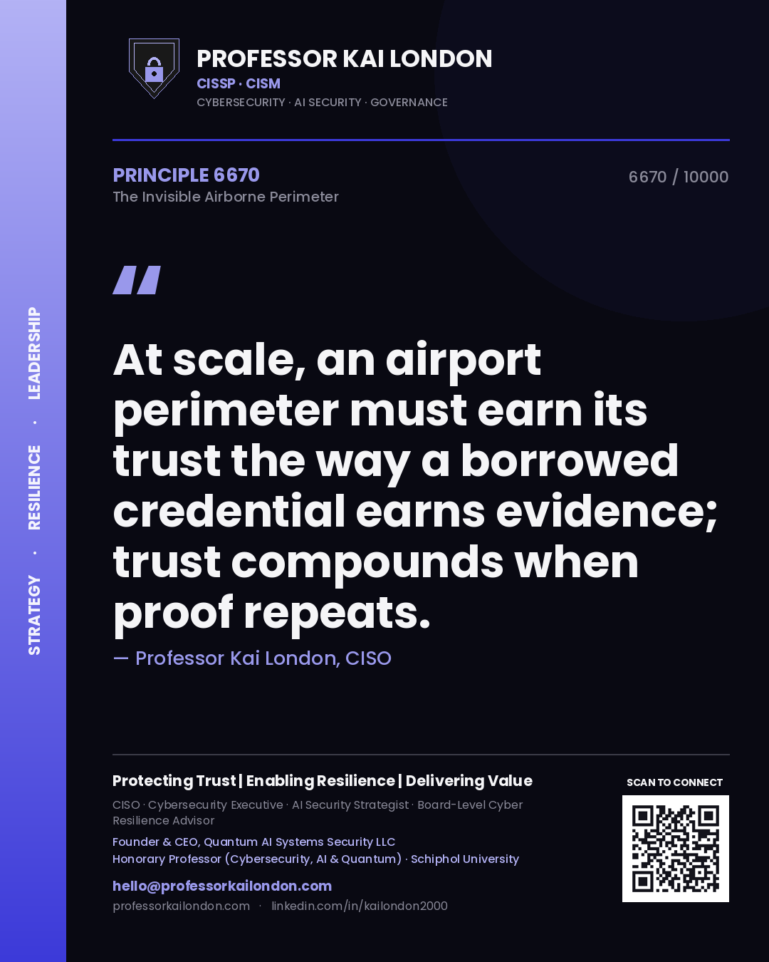 Quote card by Professor Kai London reading 'At scale, an airport perimeter must earn its trust the way a borrowed credential earns evidence; trust compounds when proof repeats.'. From the book The Invisible Airborne Perimeter.