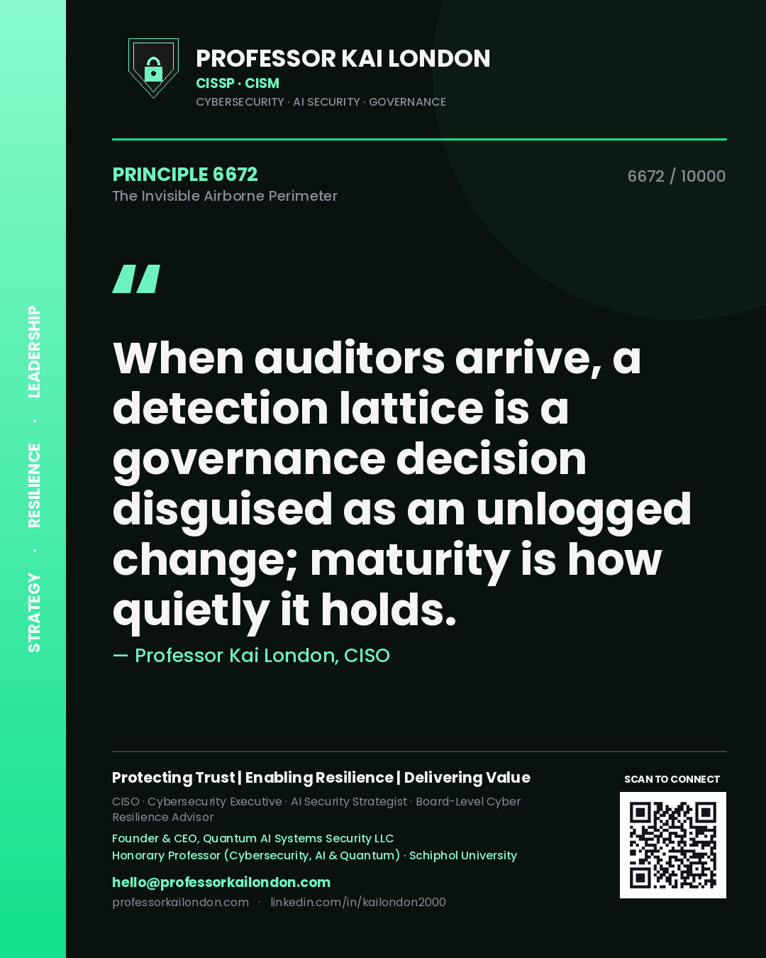 Professor Kai London principle 6672: When auditors arrive, a detection lattice is a governance decision disguised as an unlogged change; maturity is how quietly it holds.