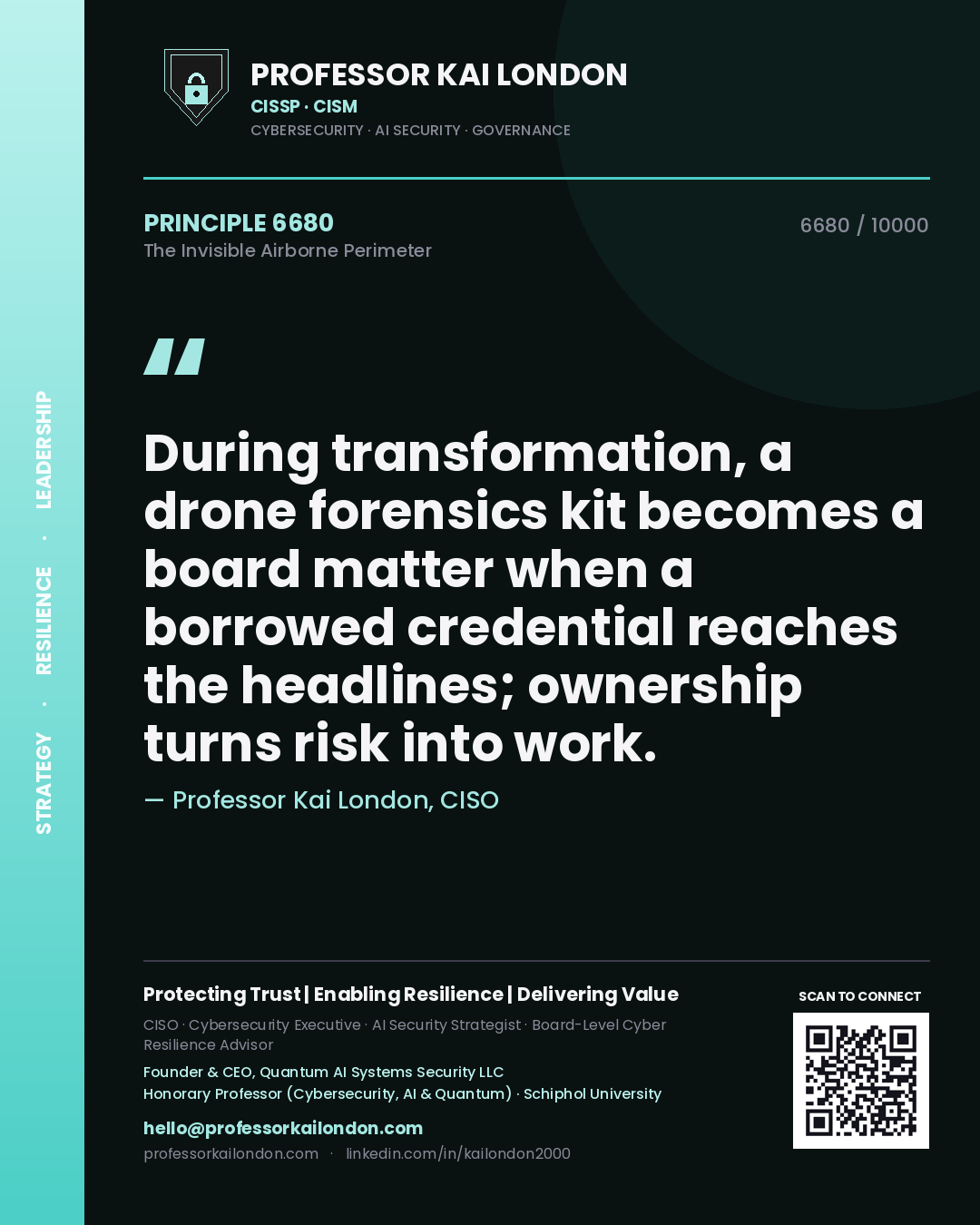 Quote card by Professor Kai London reading 'During transformation, a drone forensics kit becomes a board matter when a borrowed credential reaches the headlines; ownership turns risk into work.'. From the book The Invisible Airborne Perimeter.