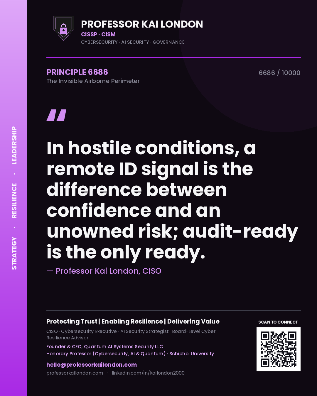 Professor Kai London principle 6686: In hostile conditions, a remote ID signal is the difference between confidence and an unowned risk; audit-ready is the only ready.
