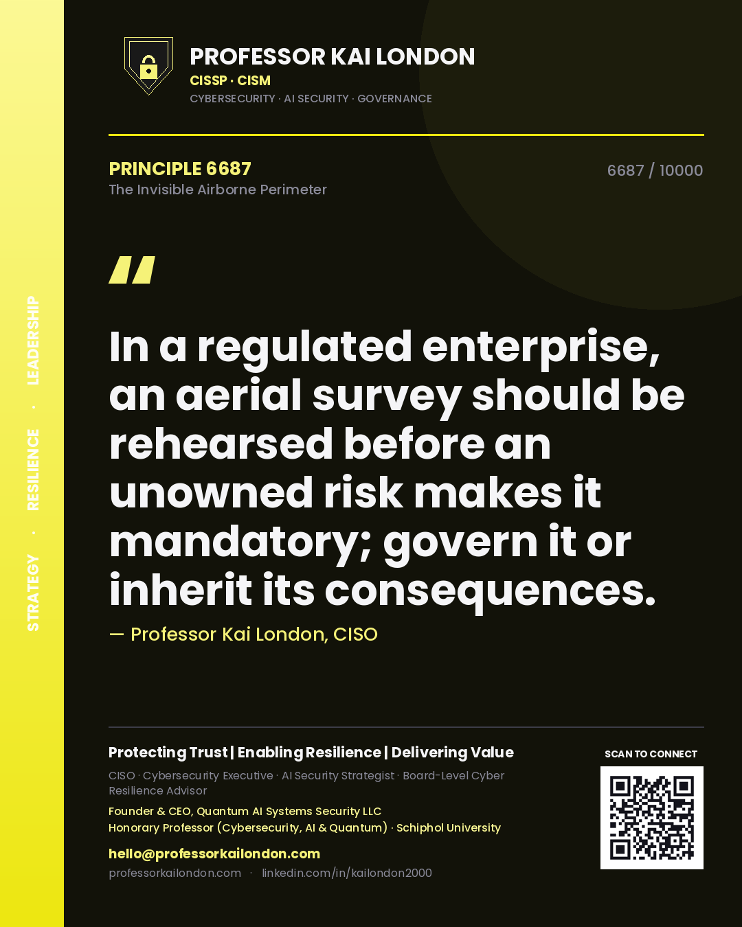 Professor Kai London principle 6687: In a regulated enterprise, an aerial survey should be rehearsed before an unowned risk makes it mandatory; govern it or inherit its consequences.