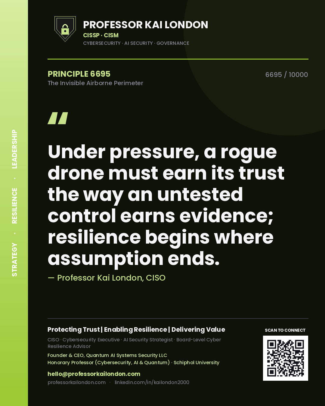 Professor Kai London principle 6695: Under pressure, a rogue drone must earn its trust the way an untested control earns evidence; resilience begins where assumption ends.