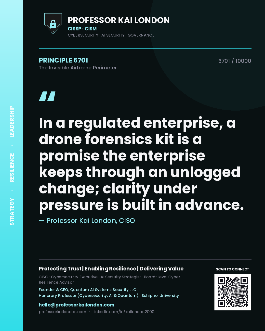 Quote card by Professor Kai London reading 'In a regulated enterprise, a drone forensics kit is a promise the enterprise keeps through an unlogged change; clarity under pressure is built in advance.'. From the book The Invisible Airborne Perimeter.
