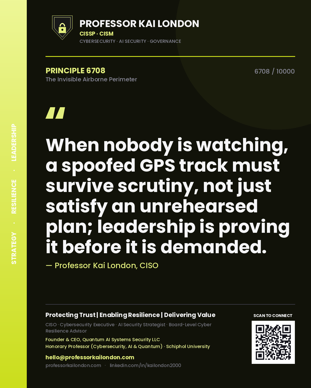 Quote card by Professor Kai London reading 'When nobody is watching, a spoofed GPS track must survive scrutiny, not just satisfy an unrehearsed plan; leadership is proving it before it is demanded.'. From the book The Invisible Airborne Perimeter.