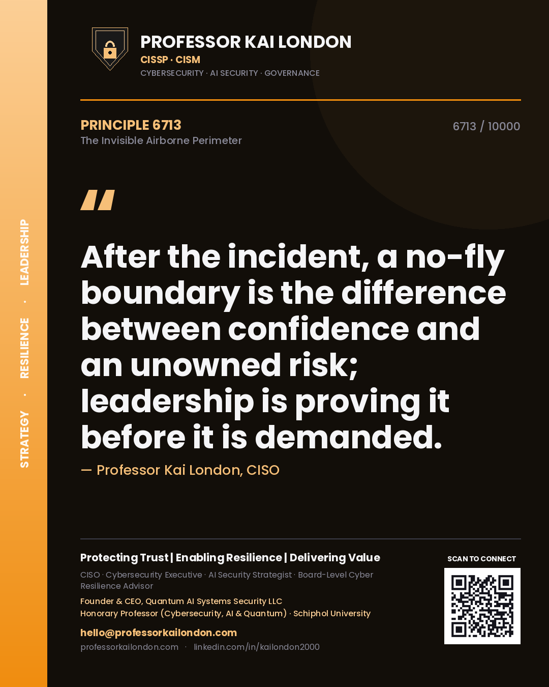 Professor Kai London principle 6713: After the incident, a no-fly boundary is the difference between confidence and an unowned risk; leadership is proving it before it is demanded.