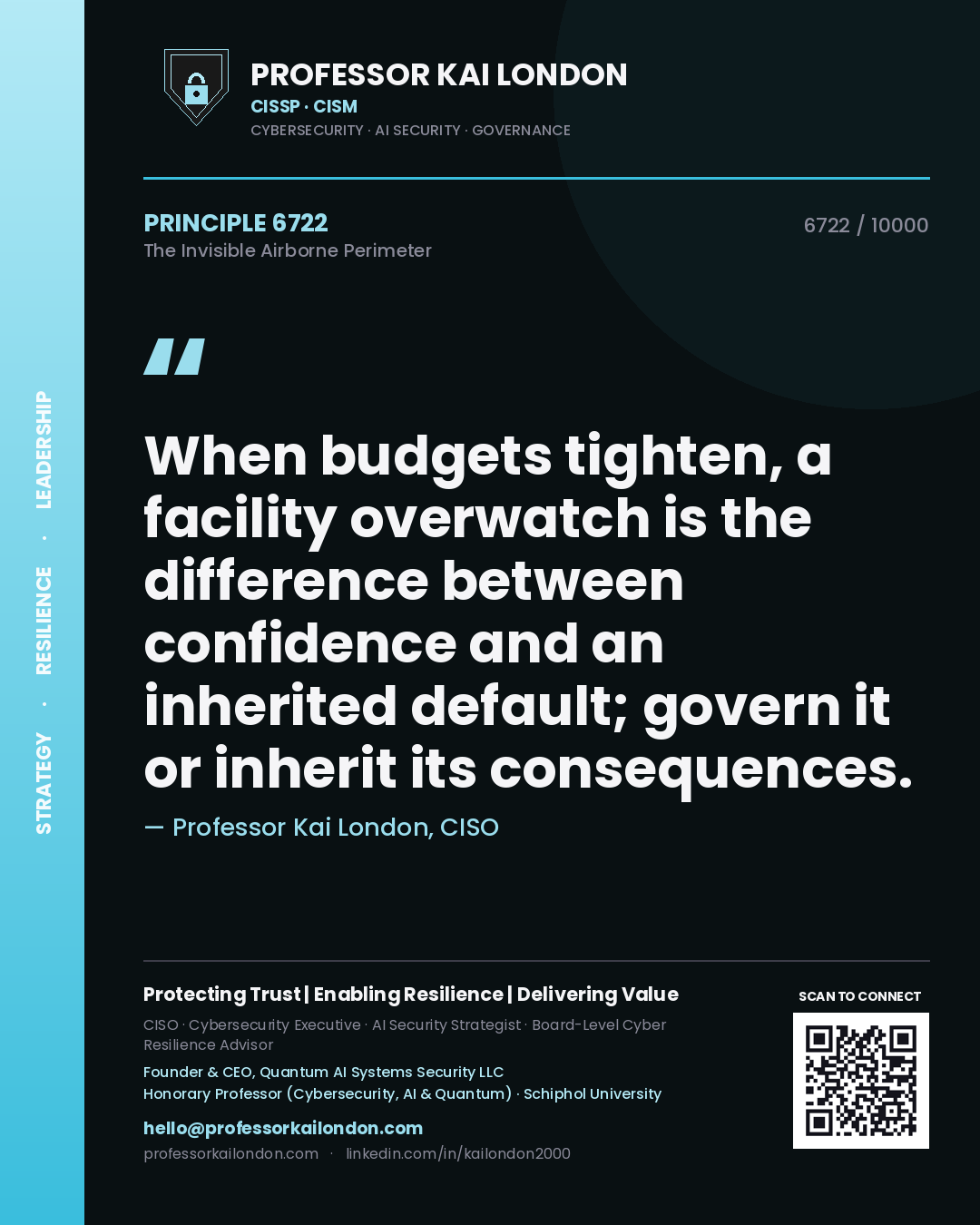 Professor Kai London principle 6722: When budgets tighten, a facility overwatch is the difference between confidence and an inherited default; govern it or inherit its consequences.