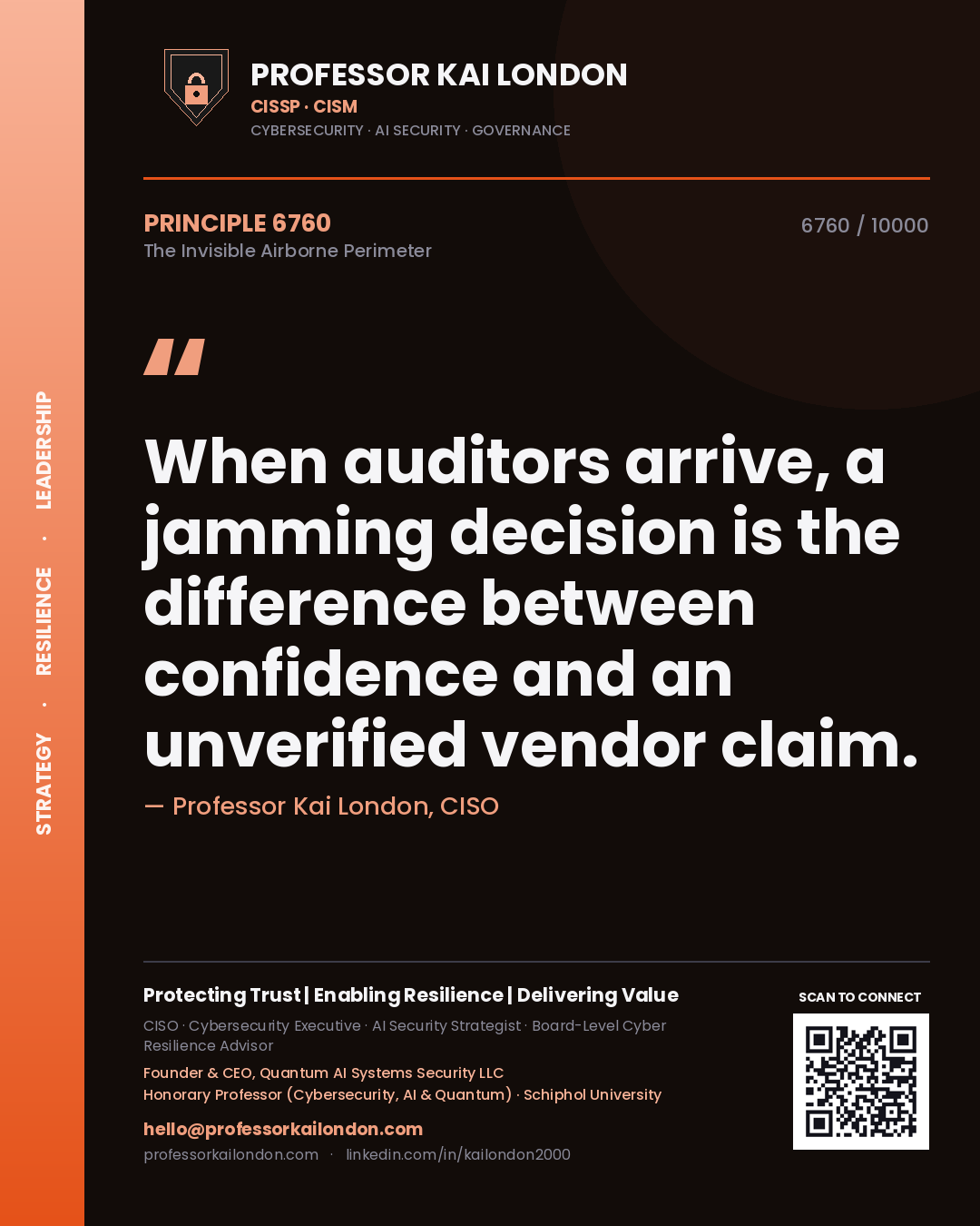 Quote card by Professor Kai London reading 'When auditors arrive, a jamming decision is the difference between confidence and an unverified vendor claim.'. From the book The Invisible Airborne Perimeter.