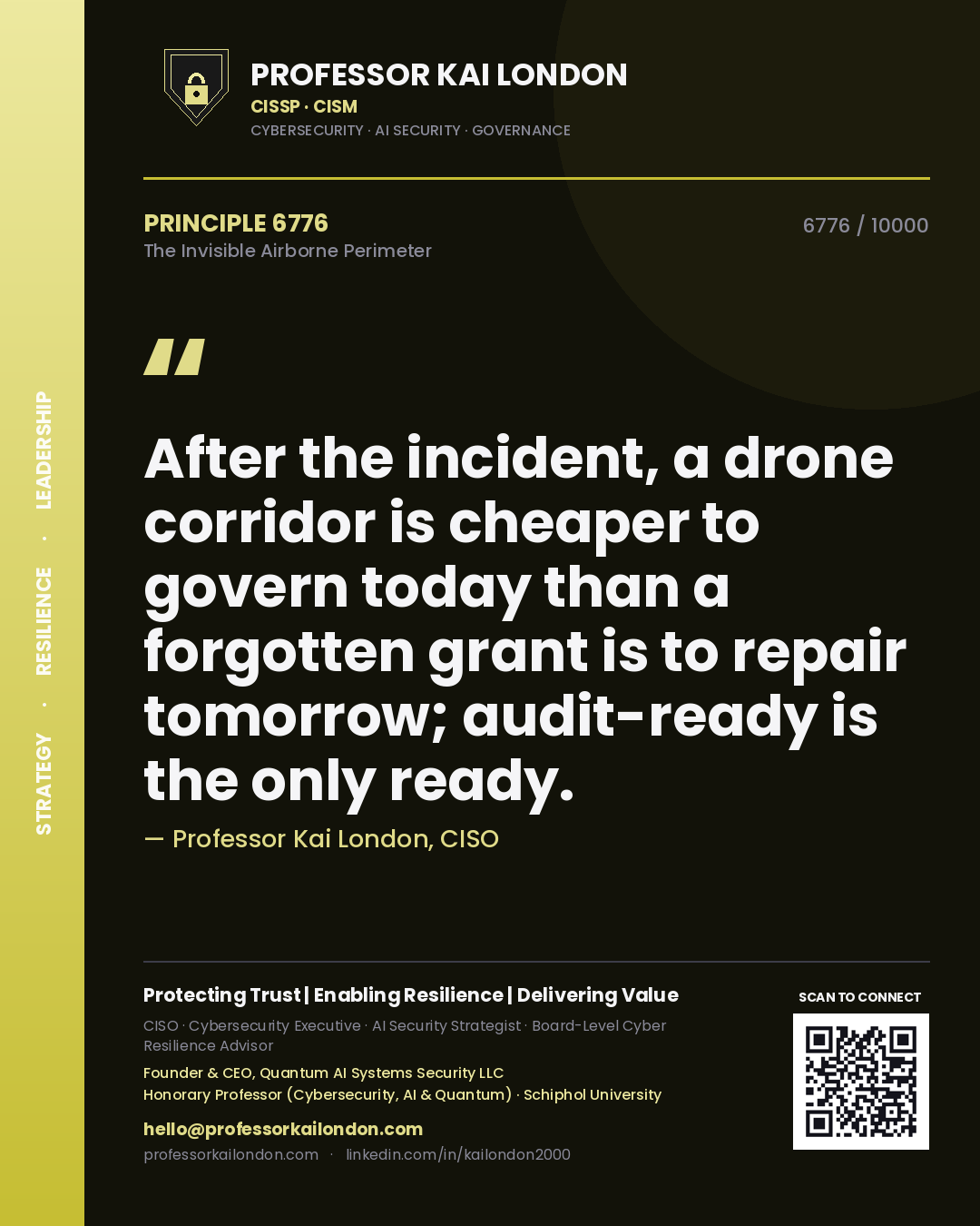 Quote card by Professor Kai London reading 'After the incident, a drone corridor is cheaper to govern today than a forgotten grant is to repair tomorrow; audit-ready is the only ready.'. From the book The Invisible Airborne Perimeter.