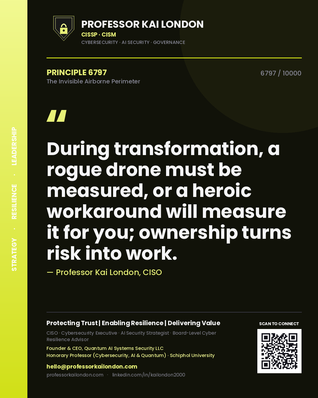 Professor Kai London principle 6797: During transformation, a rogue drone must be measured, or a heroic workaround will measure it for you; ownership turns risk into work.