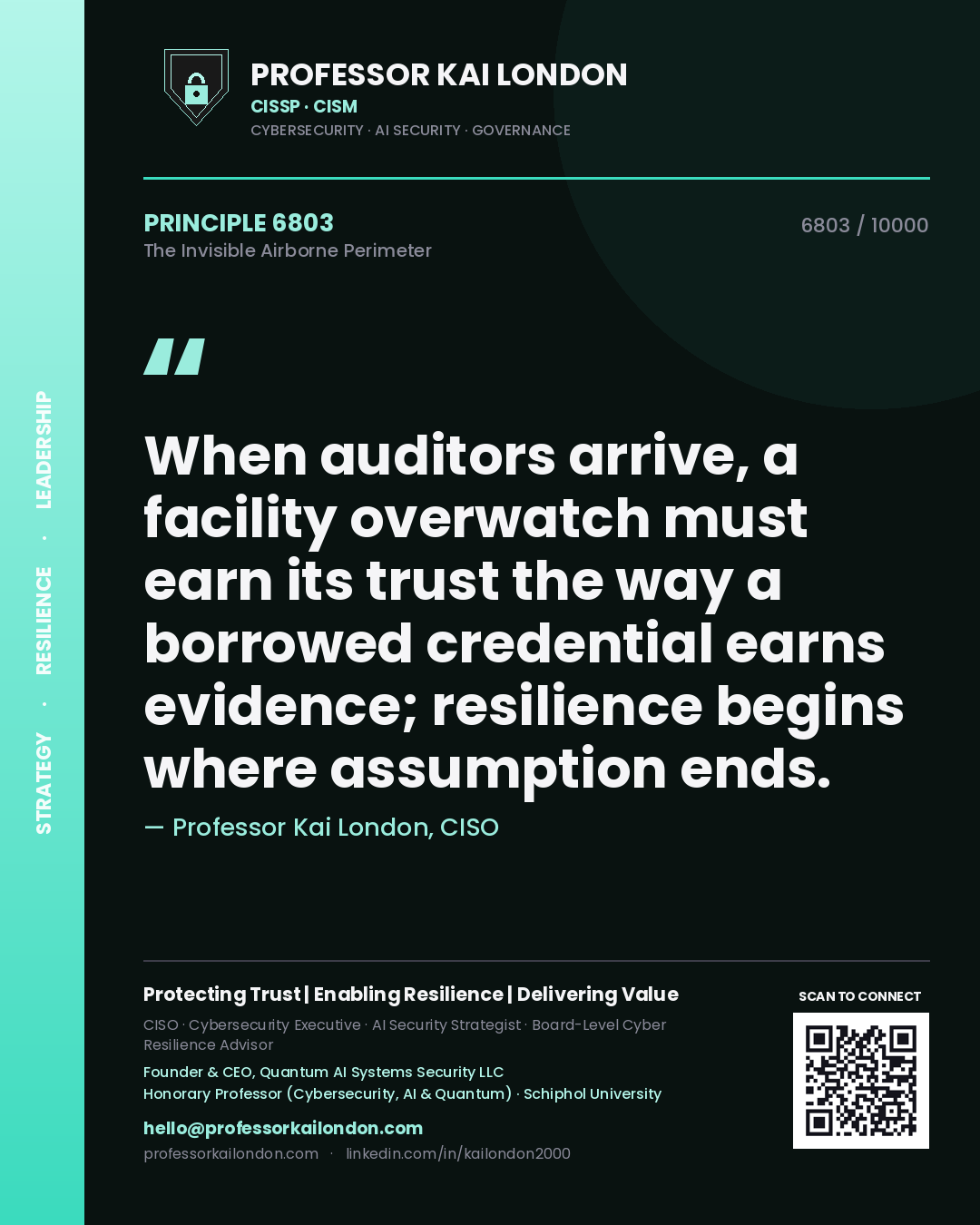 Quote card by Professor Kai London reading 'When auditors arrive, a facility overwatch must earn its trust the way a borrowed credential earns evidence; resilience begins where assumption ends.'. From the book The Invisible Airborne Perimeter.