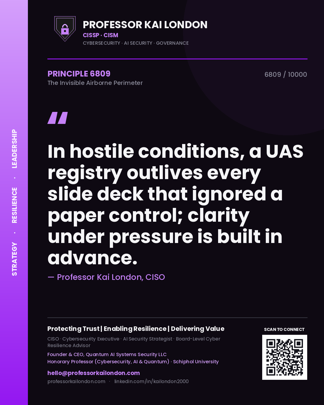 Quote card by Professor Kai London reading 'In hostile conditions, a UAS registry outlives every slide deck that ignored a paper control; clarity under pressure is built in advance.'. From the book The Invisible Airborne Perimeter.