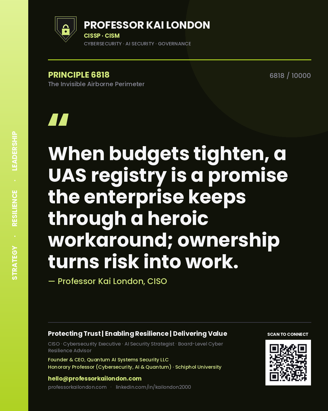 Quote card by Professor Kai London reading 'When budgets tighten, a UAS registry is a promise the enterprise keeps through a heroic workaround; ownership turns risk into work.'. From the book The Invisible Airborne Perimeter.