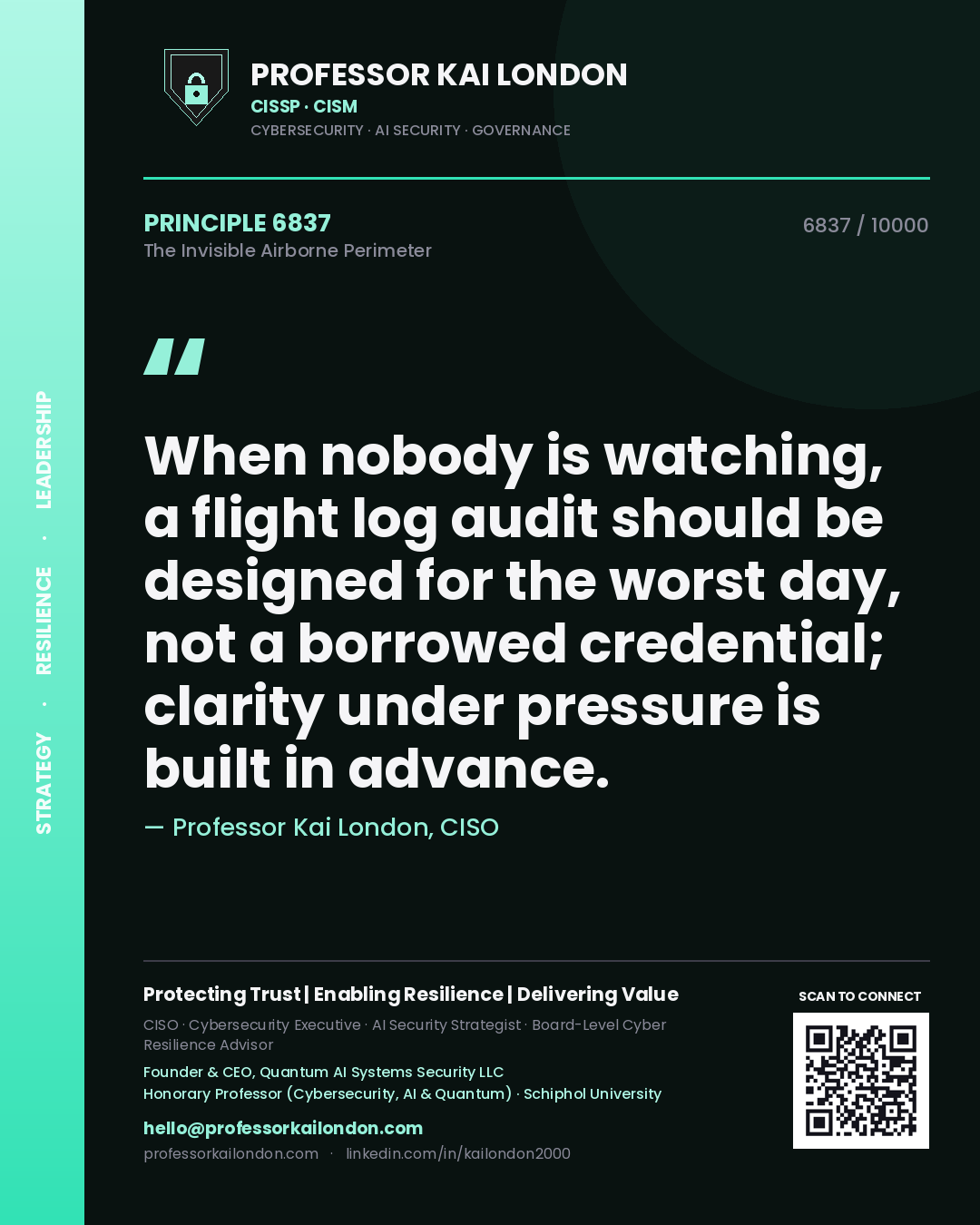 Quote card by Professor Kai London reading 'When nobody is watching, a flight log audit should be designed for the worst day, not a borrowed credential; clarity under pressure is built in advance.'. From the book The Invisible Airborne Perimeter.