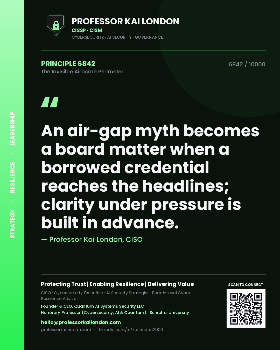 Quote card by Professor Kai London reading 'An air-gap myth becomes a board matter when a borrowed credential reaches the headlines; clarity under pressure is built in advance.'. From the book The Invisible Airborne Perimeter.