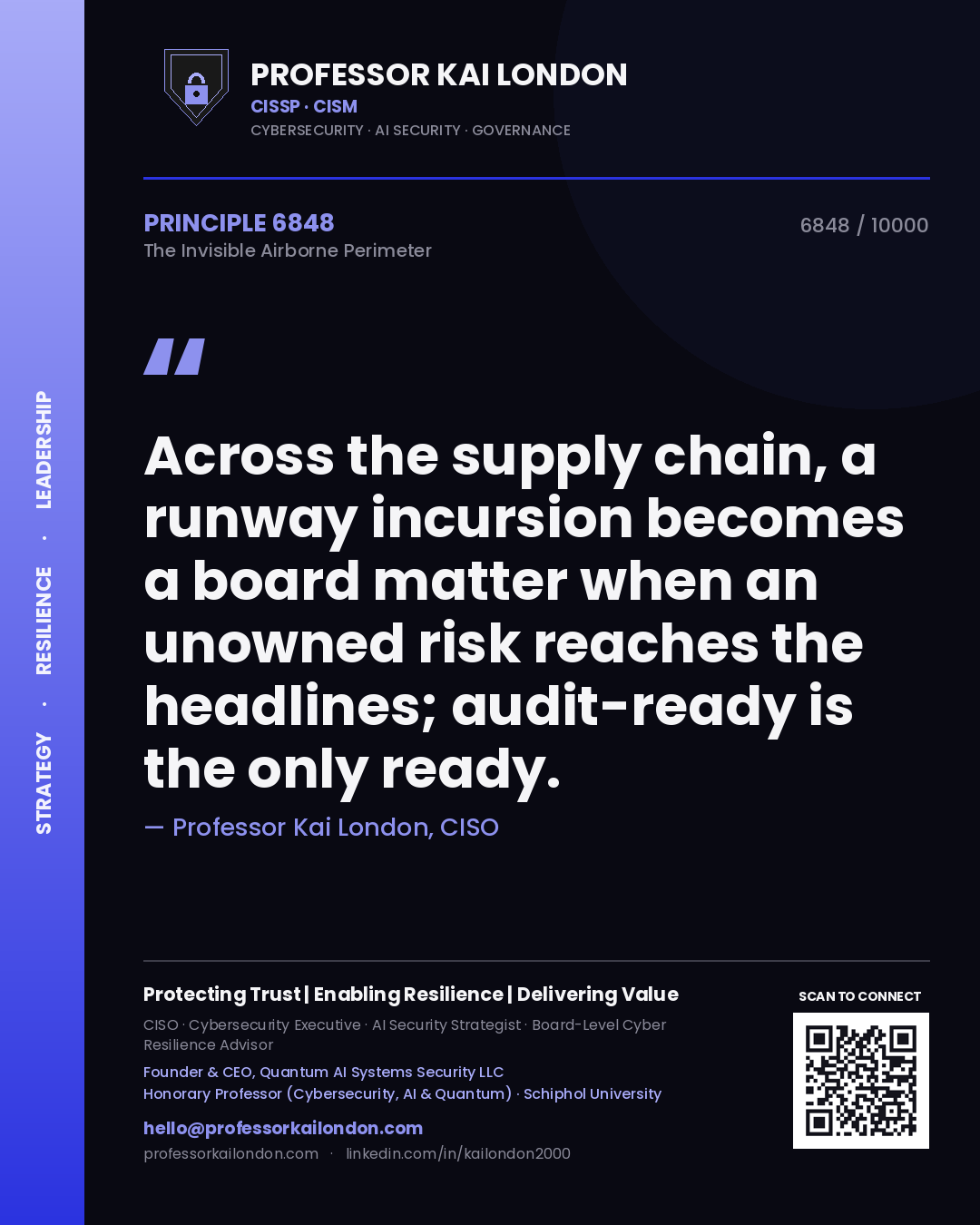 Quote card by Professor Kai London reading 'Across the supply chain, a runway incursion becomes a board matter when an unowned risk reaches the headlines; audit-ready is the only ready.'. From the book The Invisible Airborne Perimeter.