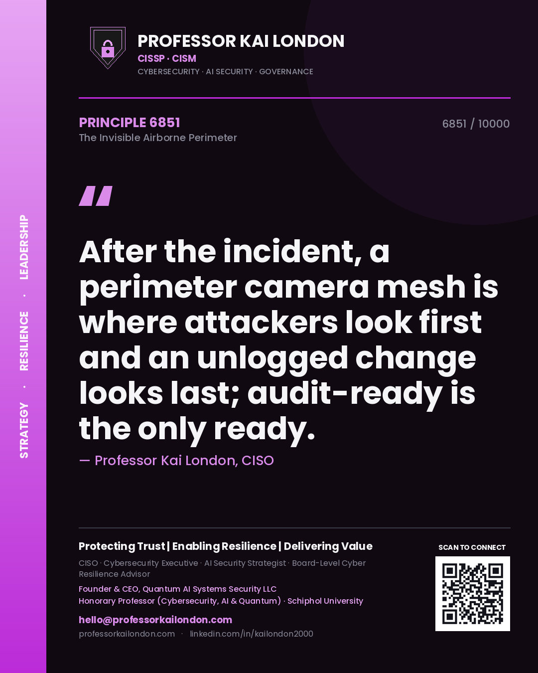Quote card by Professor Kai London reading 'After the incident, a perimeter camera mesh is where attackers look first and an unlogged change looks last; audit-ready is the only ready.'. From the book The Invisible Airborne Perimeter.