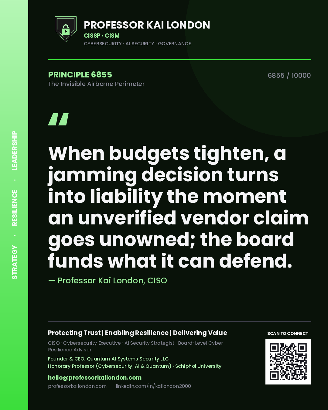 Quote card by Professor Kai London reading 'When budgets tighten, a jamming decision turns into liability the moment an unverified vendor claim goes unowned; the board funds what it can defend.'. From the book The Invisible Airborne Perimeter.