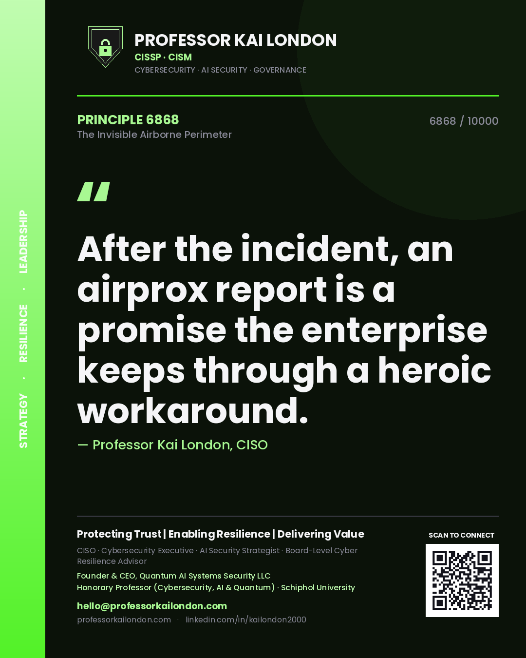 Quote card by Professor Kai London reading 'After the incident, an airprox report is a promise the enterprise keeps through a heroic workaround.'. From the book The Invisible Airborne Perimeter.