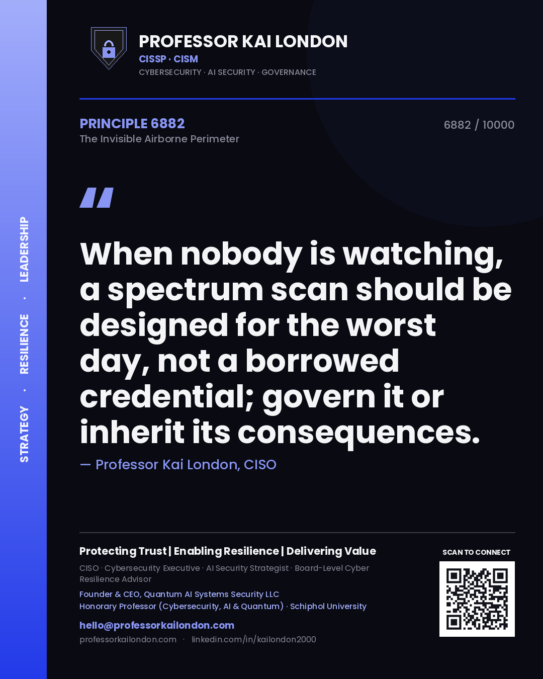 Quote card by Professor Kai London reading 'When nobody is watching, a spectrum scan should be designed for the worst day, not a borrowed credential; govern it or inherit its consequences.'. From the book The Invisible Airborne Perimeter.