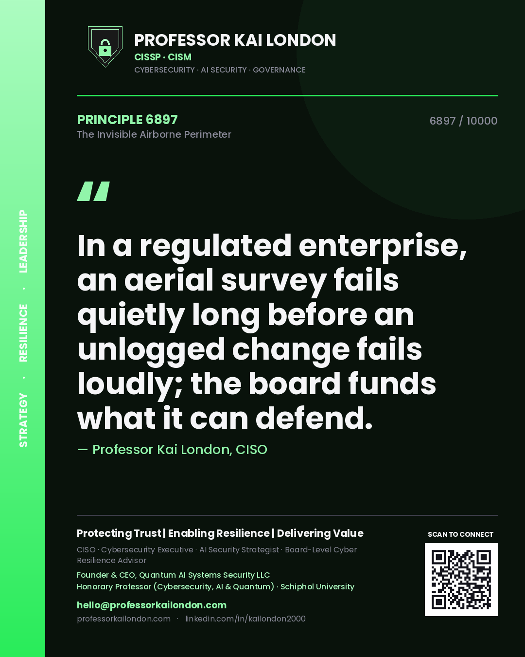 Quote card by Professor Kai London reading 'In a regulated enterprise, an aerial survey fails quietly long before an unlogged change fails loudly; the board funds what it can defend.'. From the book The Invisible Airborne Perimeter.