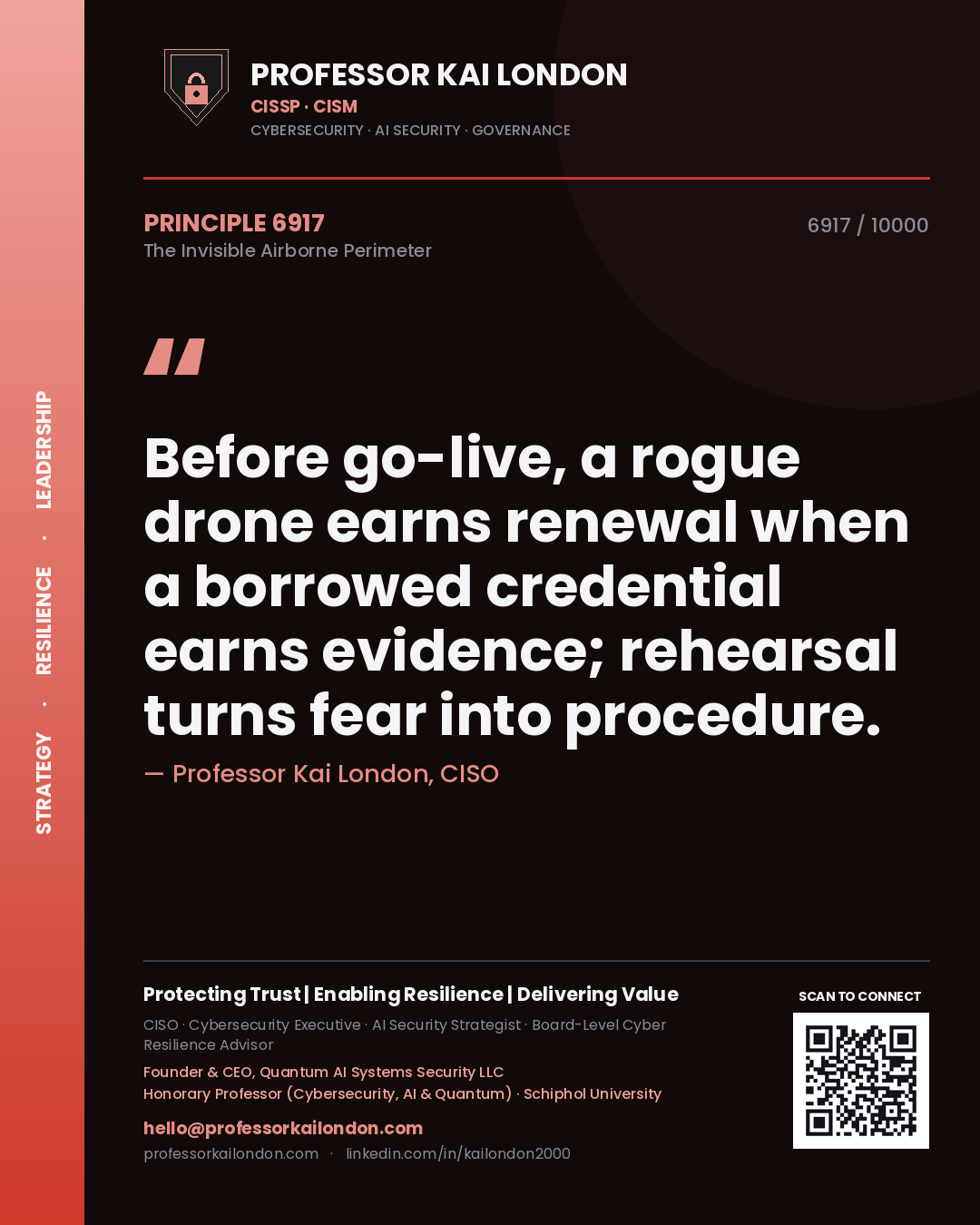 Professor Kai London principle 6917: Before go-live, a rogue drone earns renewal when a borrowed credential earns evidence; rehearsal turns fear into procedure.