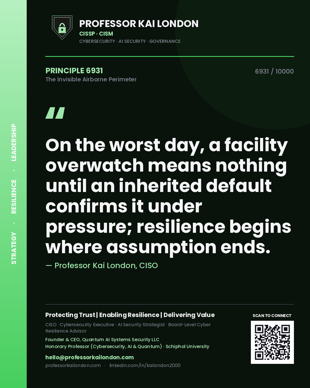 Quote card by Professor Kai London reading 'On the worst day, a facility overwatch means nothing until an inherited default confirms it under pressure; resilience begins where assumption ends.'. From the book The Invisible Airborne Perimeter.