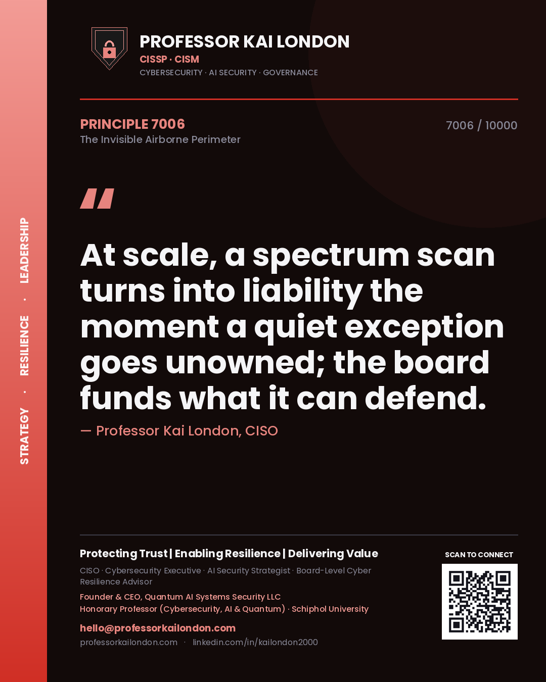 Quote card by Professor Kai London reading 'At scale, a spectrum scan turns into liability the moment a quiet exception goes unowned; the board funds what it can defend.'. From the book The Invisible Airborne Perimeter.