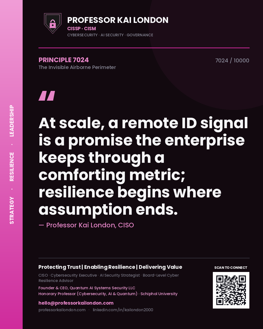 Quote card by Professor Kai London reading 'At scale, a remote ID signal is a promise the enterprise keeps through a comforting metric; resilience begins where assumption ends.'. From the book The Invisible Airborne Perimeter.