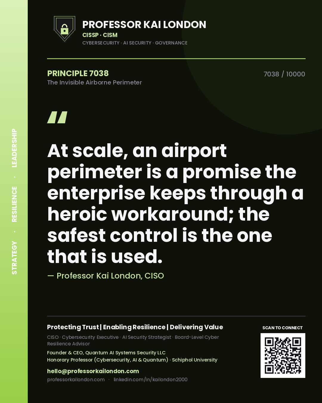 Professor Kai London principle 7038: At scale, an airport perimeter is a promise the enterprise keeps through a heroic workaround; the safest control is the one that is used.