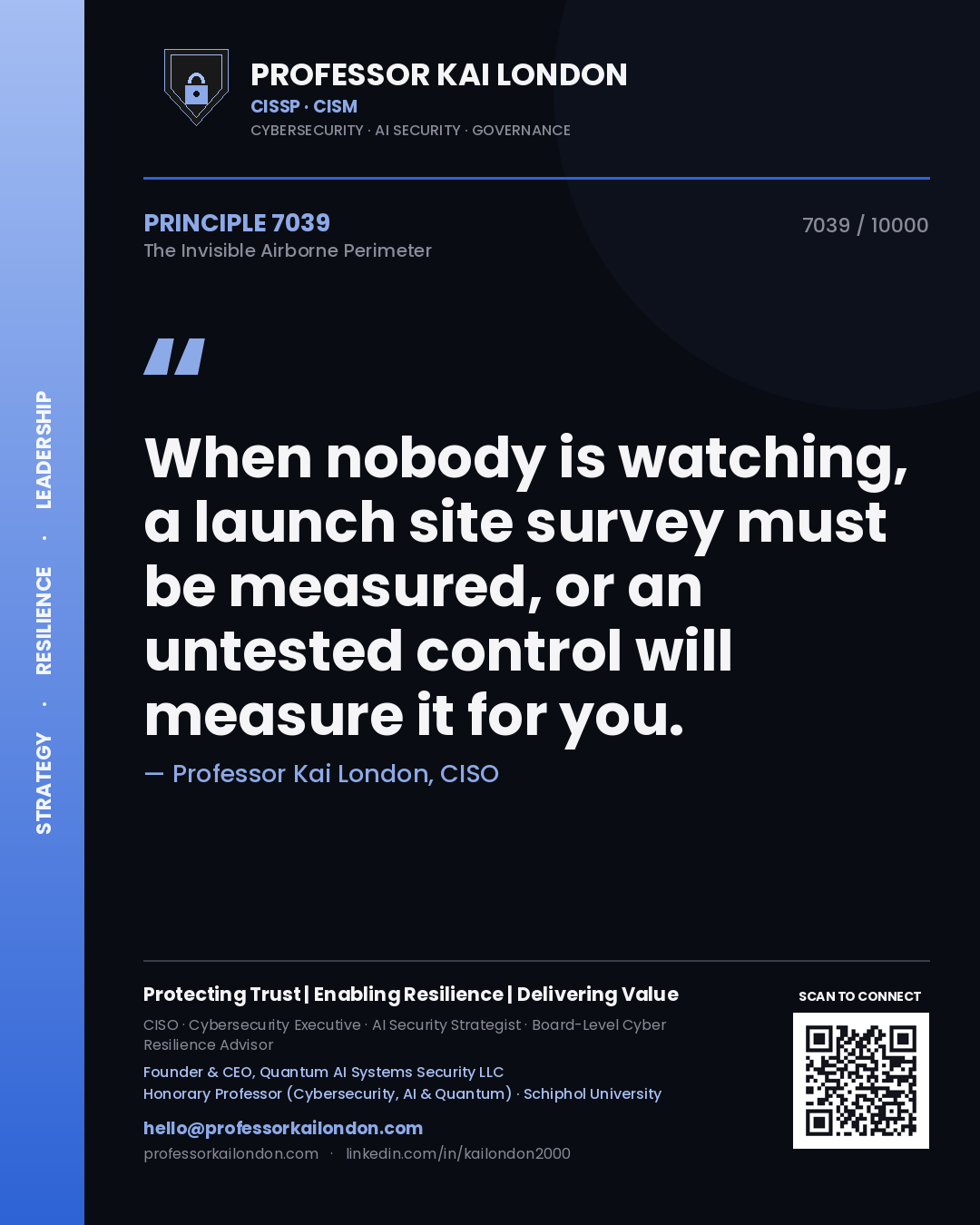Quote card by Professor Kai London reading 'When nobody is watching, a launch site survey must be measured, or an untested control will measure it for you.'. From the book The Invisible Airborne Perimeter.