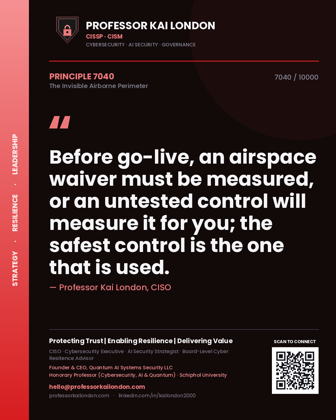 Professor Kai London principle 7040: Before go-live, an airspace waiver must be measured, or an untested control will measure it for you; the safest control is the one that is used.