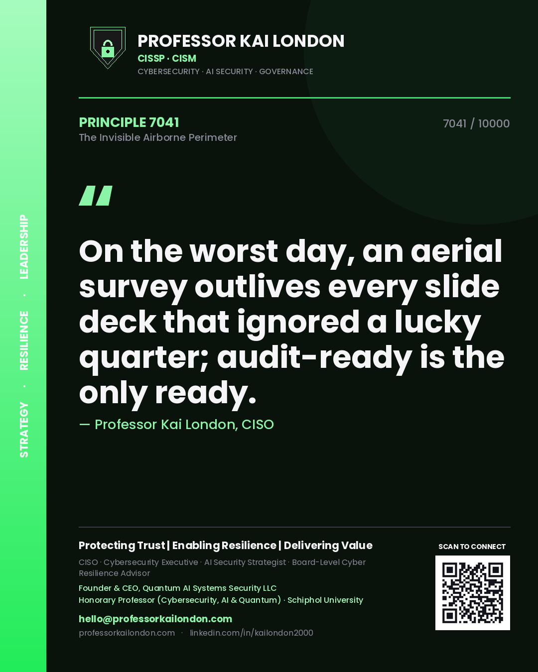 Quote card by Professor Kai London reading 'On the worst day, an aerial survey outlives every slide deck that ignored a lucky quarter; audit-ready is the only ready.'. From the book The Invisible Airborne Perimeter.