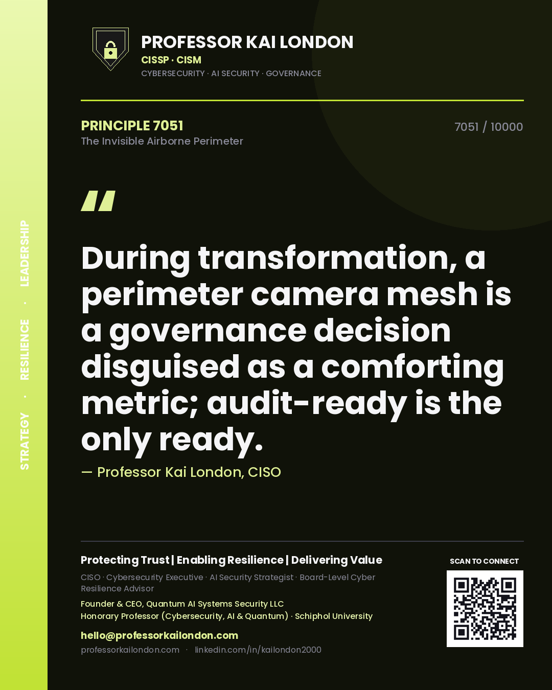 Professor Kai London principle 7051: During transformation, a perimeter camera mesh is a governance decision disguised as a comforting metric; audit-ready is the only ready.