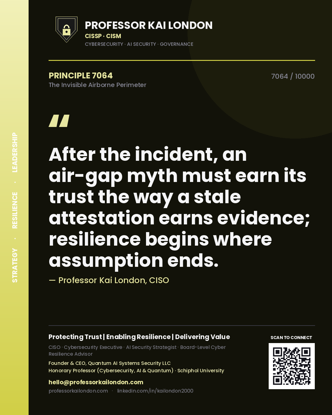 Quote card by Professor Kai London reading 'After the incident, an air-gap myth must earn its trust the way a stale attestation earns evidence; resilience begins where assumption ends.'. From the book The Invisible Airborne Perimeter.