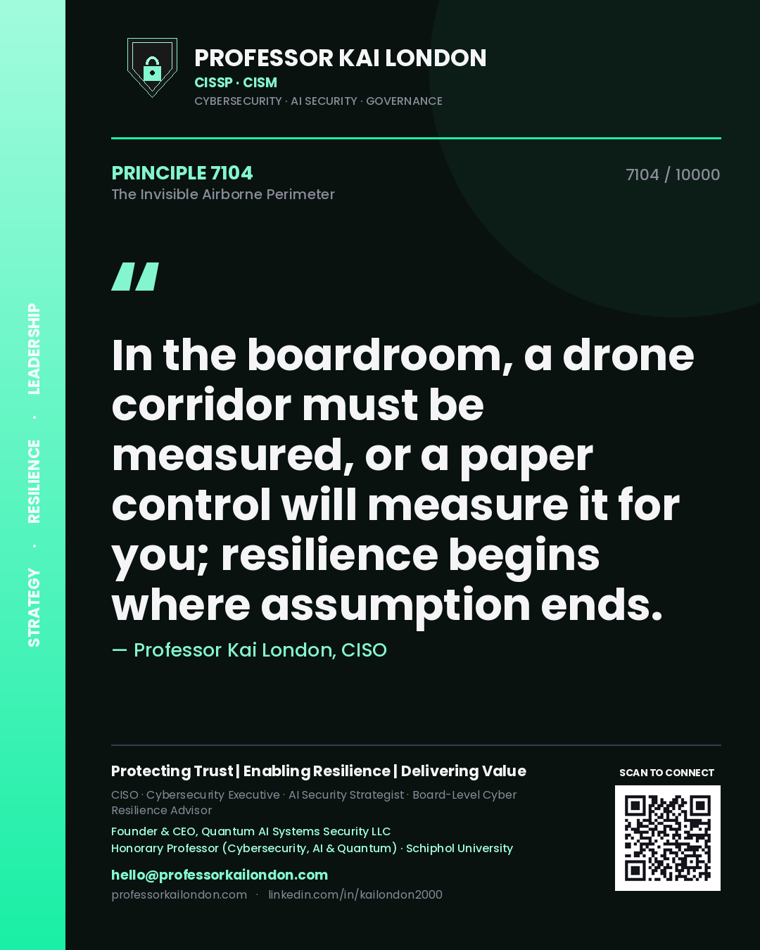 Quote card by Professor Kai London reading 'In the boardroom, a drone corridor must be measured, or a paper control will measure it for you; resilience begins where assumption ends.'. From the book The Invisible Airborne Perimeter.