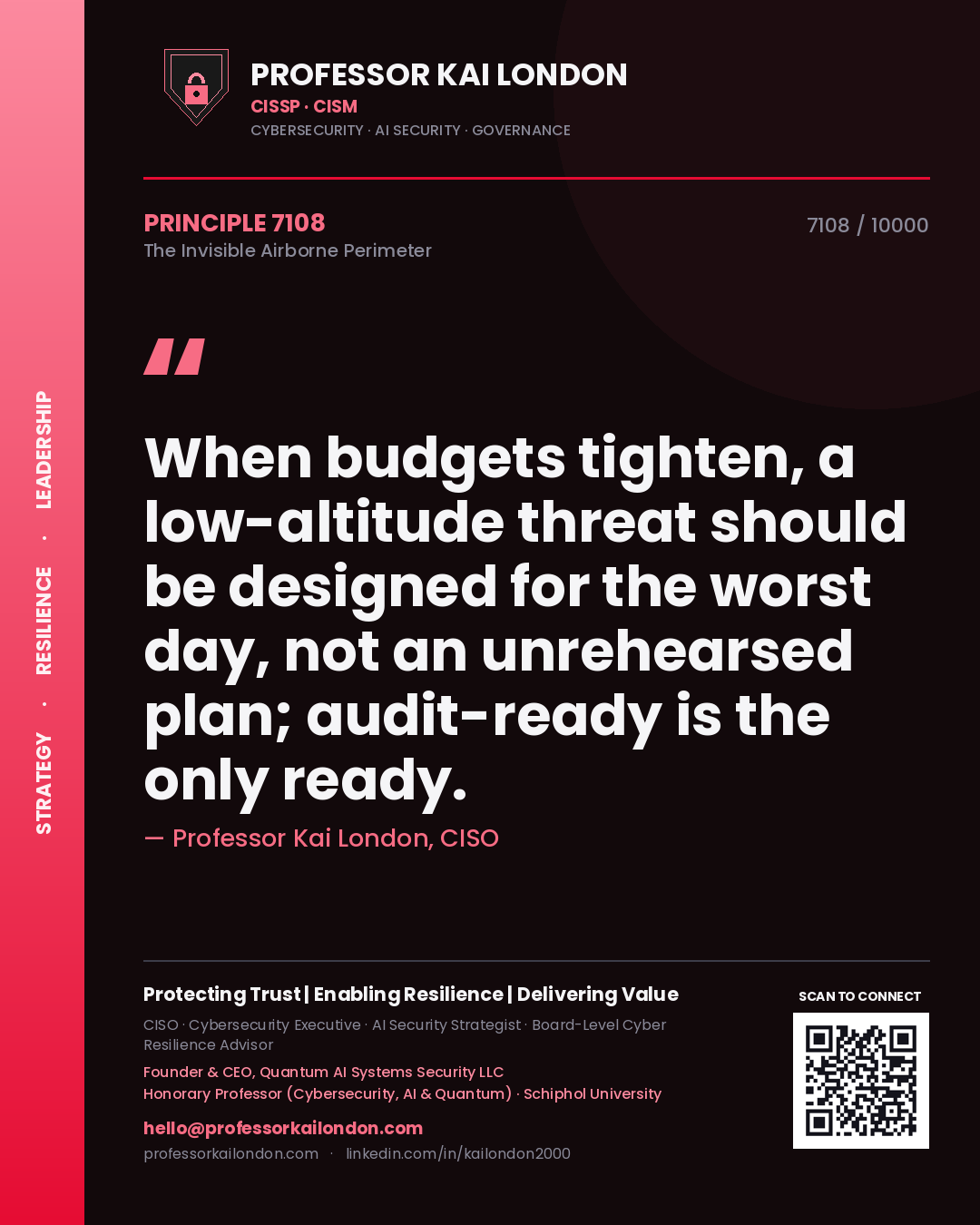 Professor Kai London principle 7108: When budgets tighten, a low-altitude threat should be designed for the worst day, not an unrehearsed plan; audit-ready is the only ready.