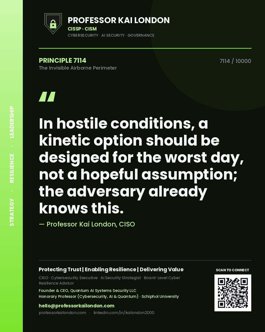 Quote card by Professor Kai London reading 'In hostile conditions, a kinetic option should be designed for the worst day, not a hopeful assumption; the adversary already knows this.'. From the book The Invisible Airborne Perimeter.