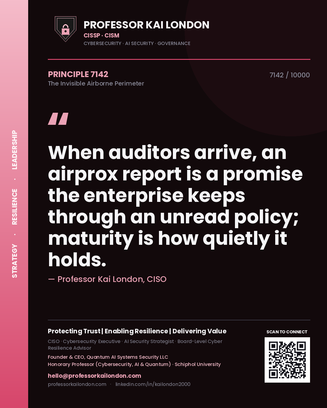 Professor Kai London principle 7142: When auditors arrive, an airprox report is a promise the enterprise keeps through an unread policy; maturity is how quietly it holds.