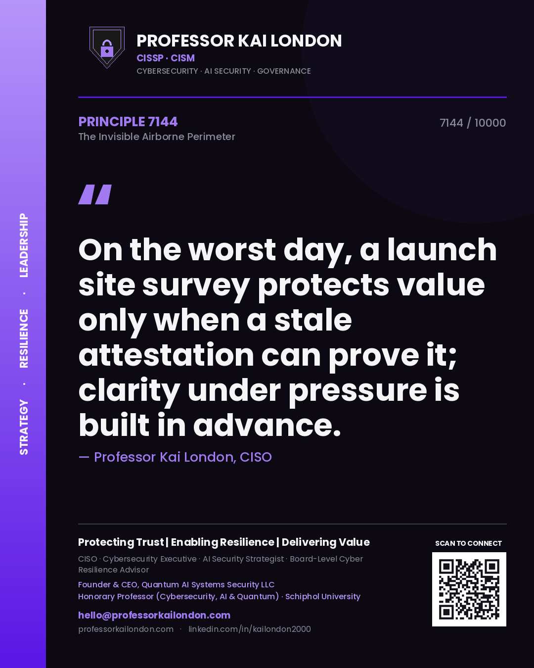 Quote card by Professor Kai London reading 'On the worst day, a launch site survey protects value only when a stale attestation can prove it; clarity under pressure is built in advance.'. From the book The Invisible Airborne Perimeter.